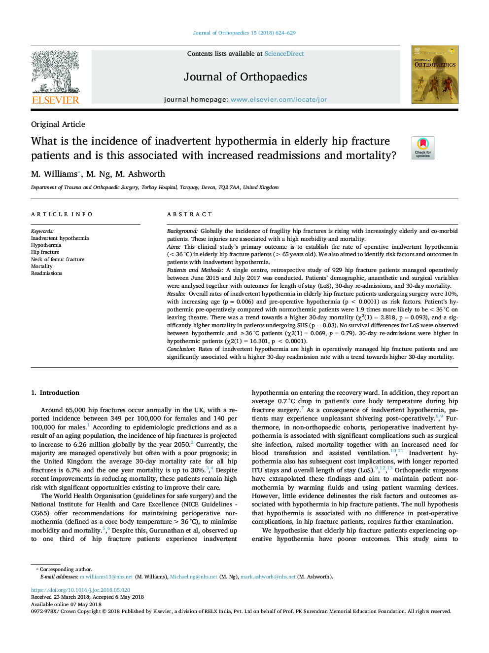 What is the incidence of inadvertent hypothermia in elderly hip fracture patients and is this associated with increased readmissions and mortality?