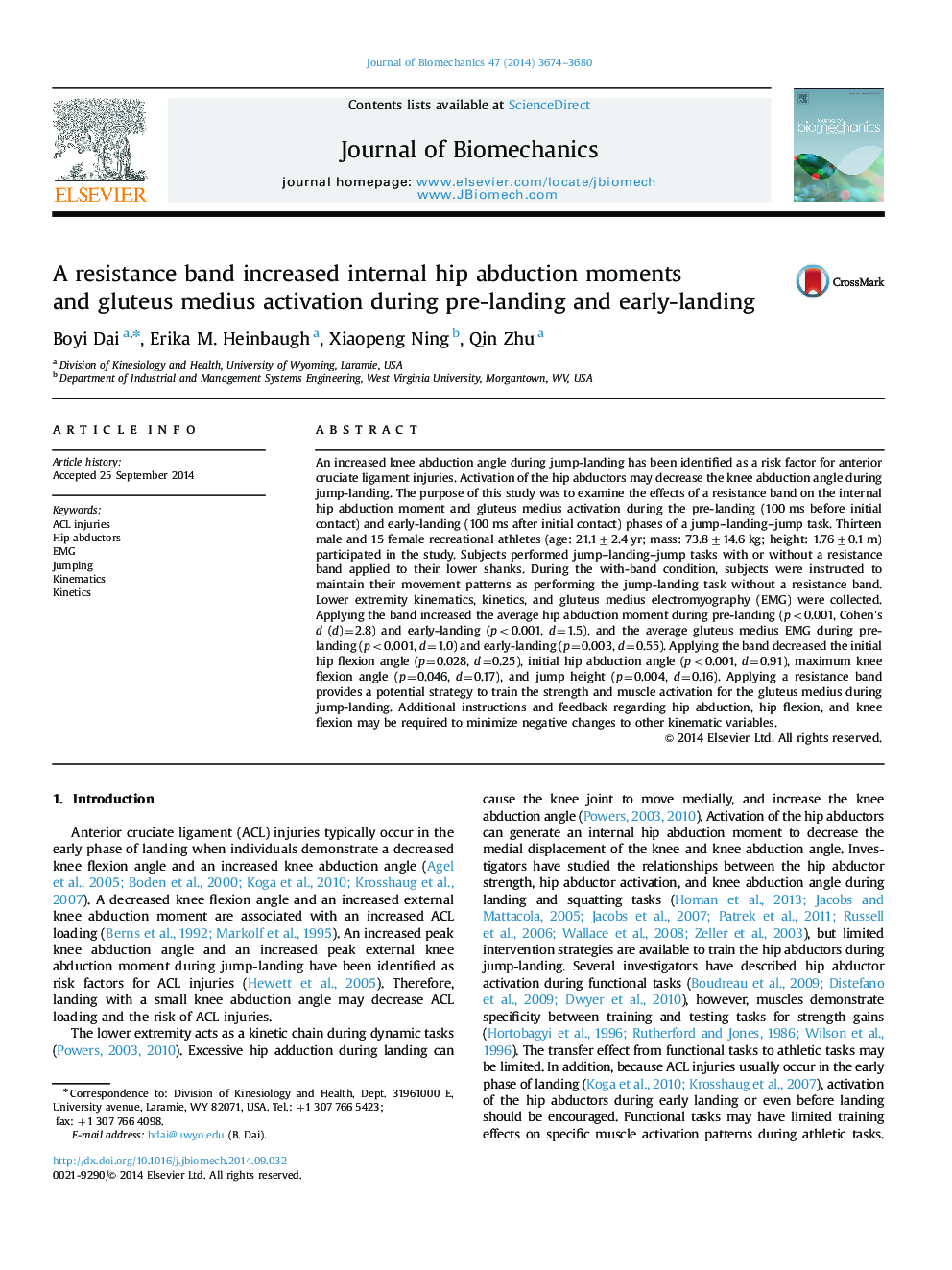 A resistance band increased internal hip abduction moments and gluteus medius activation during pre-landing and early-landing