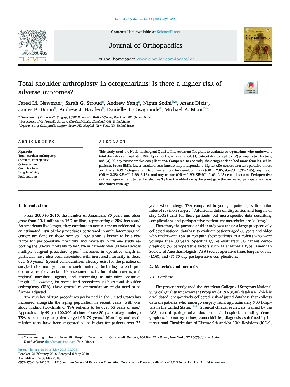 Total shoulder arthroplasty in octogenarians: Is there a higher risk of adverse outcomes?