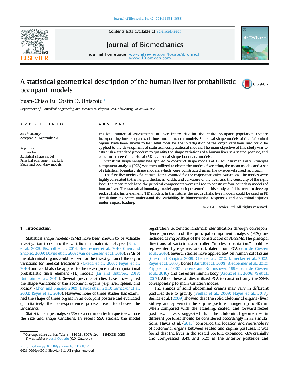 A statistical geometrical description of the human liver for probabilistic occupant models