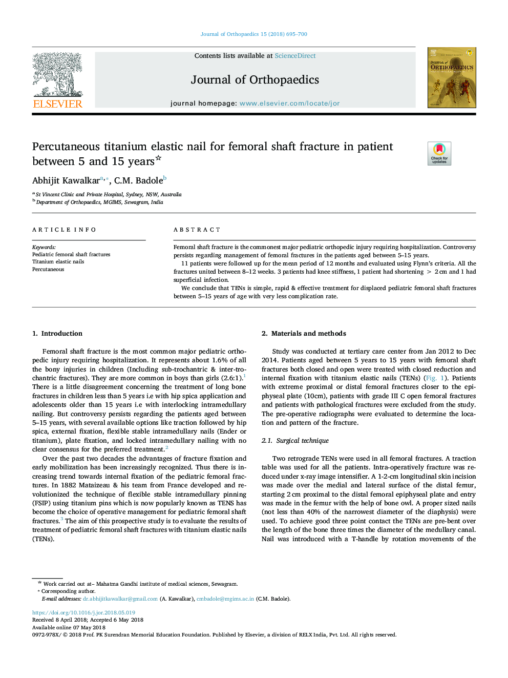 Percutaneous titanium elastic nail for femoral shaft fracture in patient between 5 and 15 years