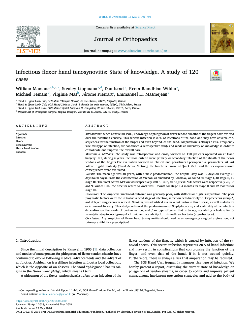 Infectious flexor hand tenosynovitis: State of knowledge. A study of 120 cases