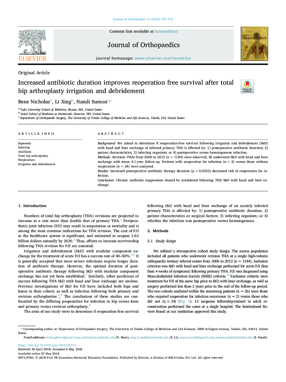 Increased antibiotic duration improves reoperation free survival after total hip arthroplasty irrigation and debridement