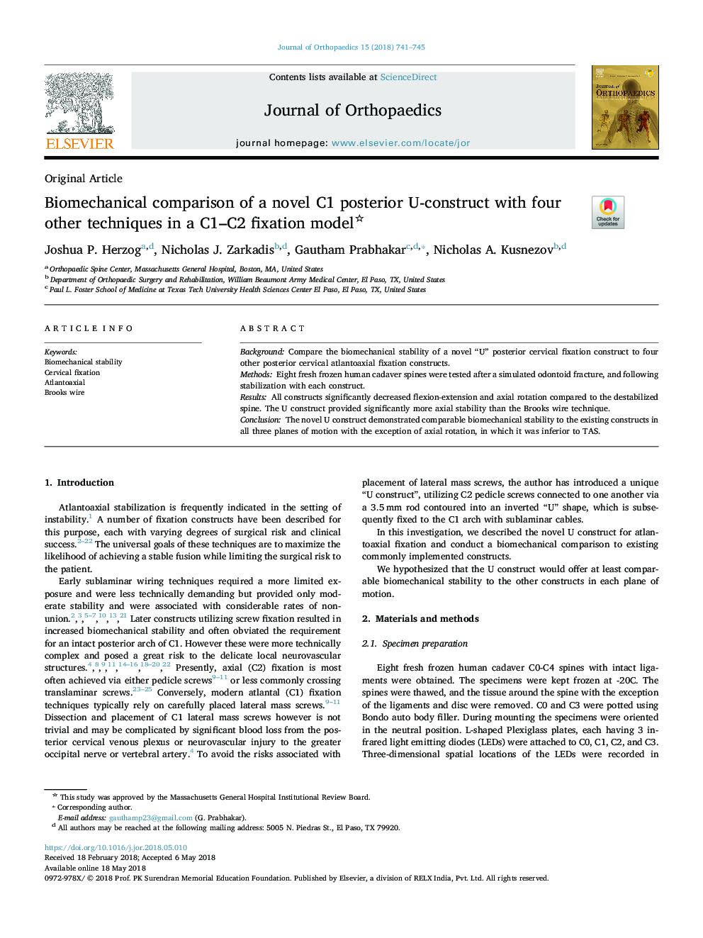 Biomechanical comparison of a novel C1 posterior U-construct with four other techniques in a C1-C2 fixation model