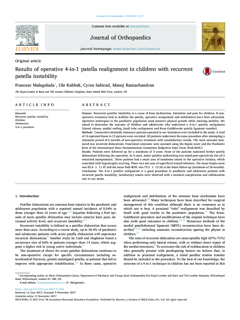 Results of operative 4-in-1 patella realignment in children with recurrent patella instability