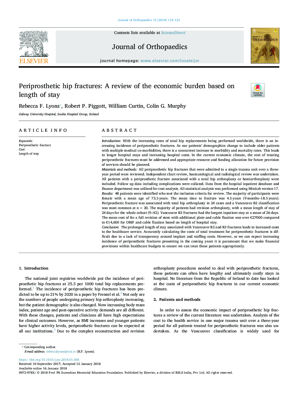 Periprosthetic hip fractures: A review of the economic burden based on length of stay