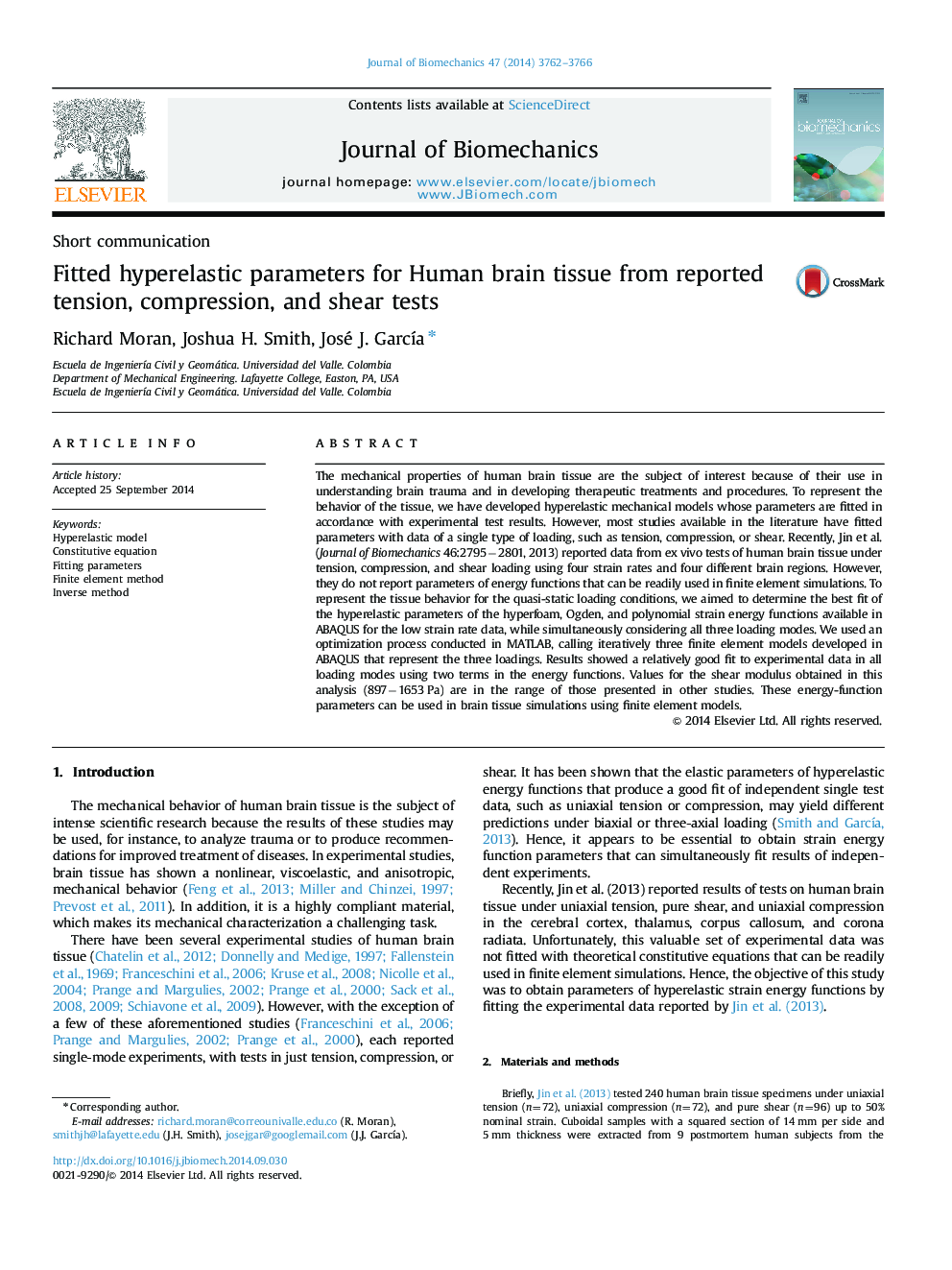 Fitted hyperelastic parameters for Human brain tissue from reported tension, compression, and shear tests