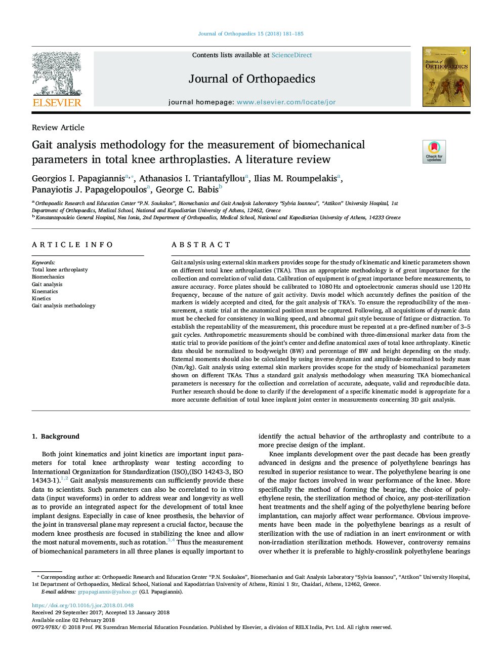Gait analysis methodology for the measurement of biomechanical parameters in total knee arthroplasties. A literature review