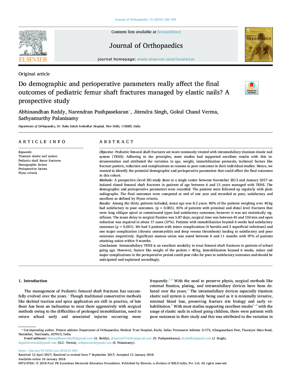 Do demographic and perioperative parameters really affect the final outcomes of pediatric femur shaft fractures managed by elastic nails? A prospective study