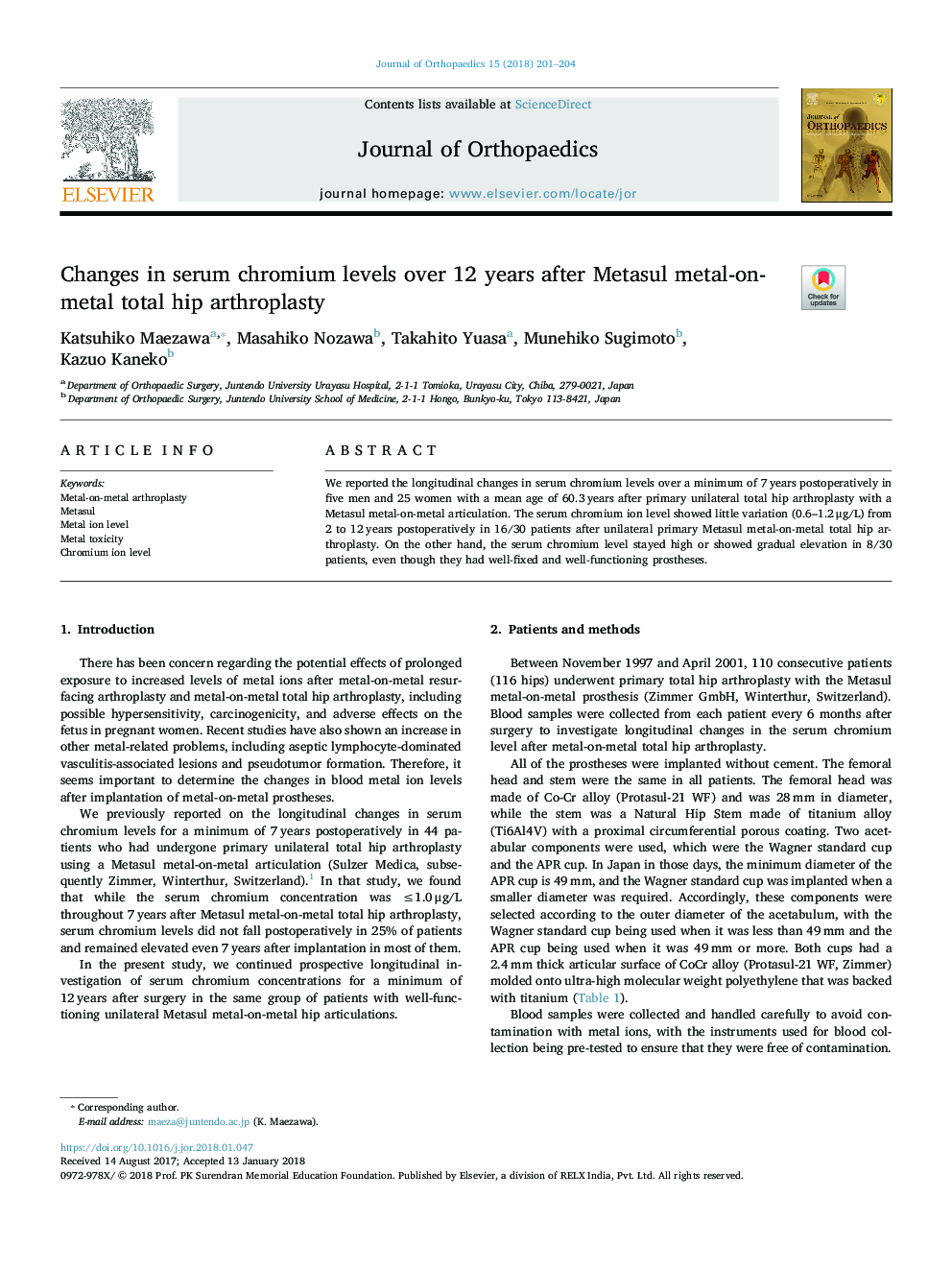 Changes in serum chromium levels over 12 years after Metasul metal-on-metal total hip arthroplasty