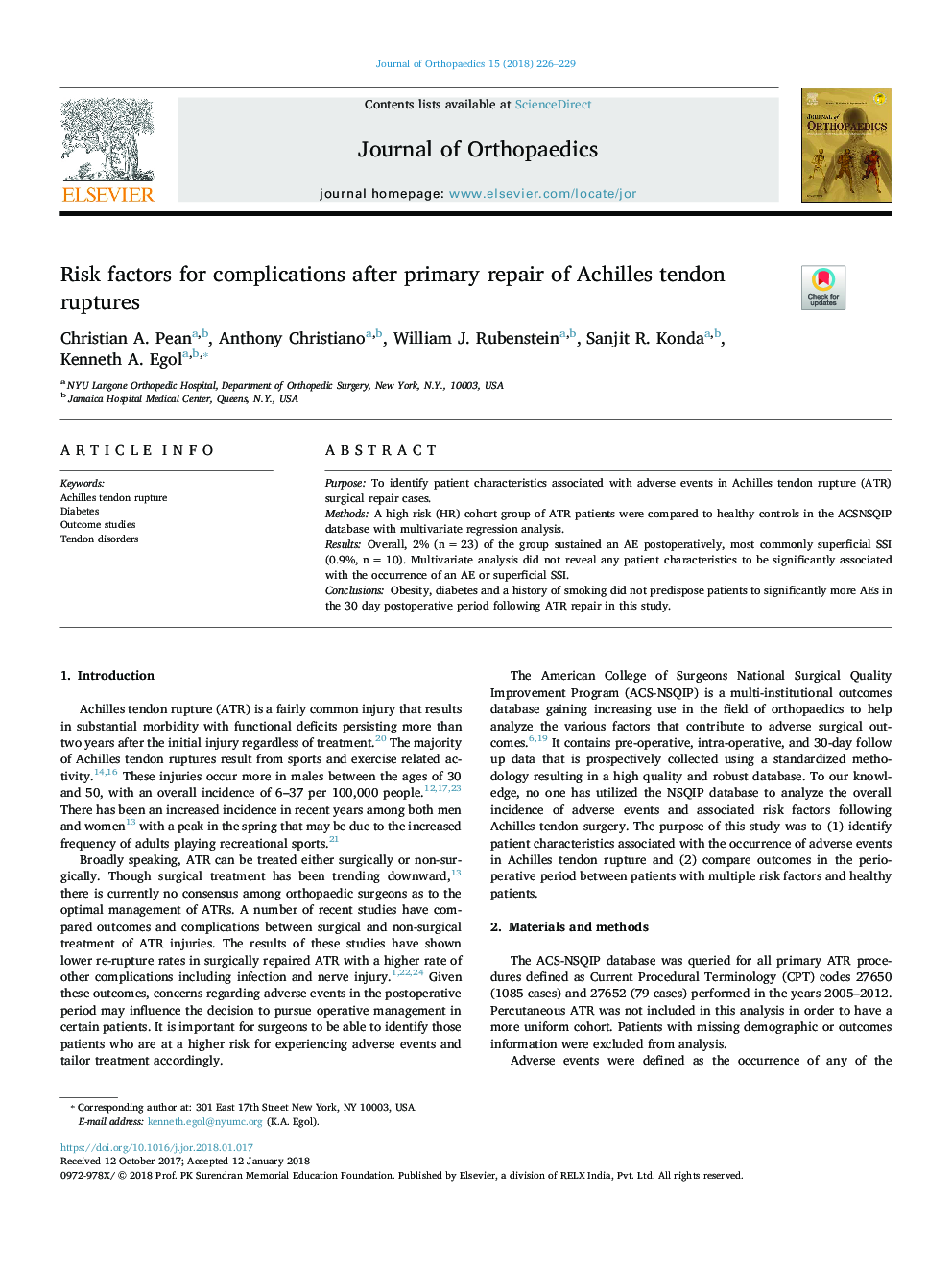 Risk factors for complications after primary repair of Achilles tendon ruptures