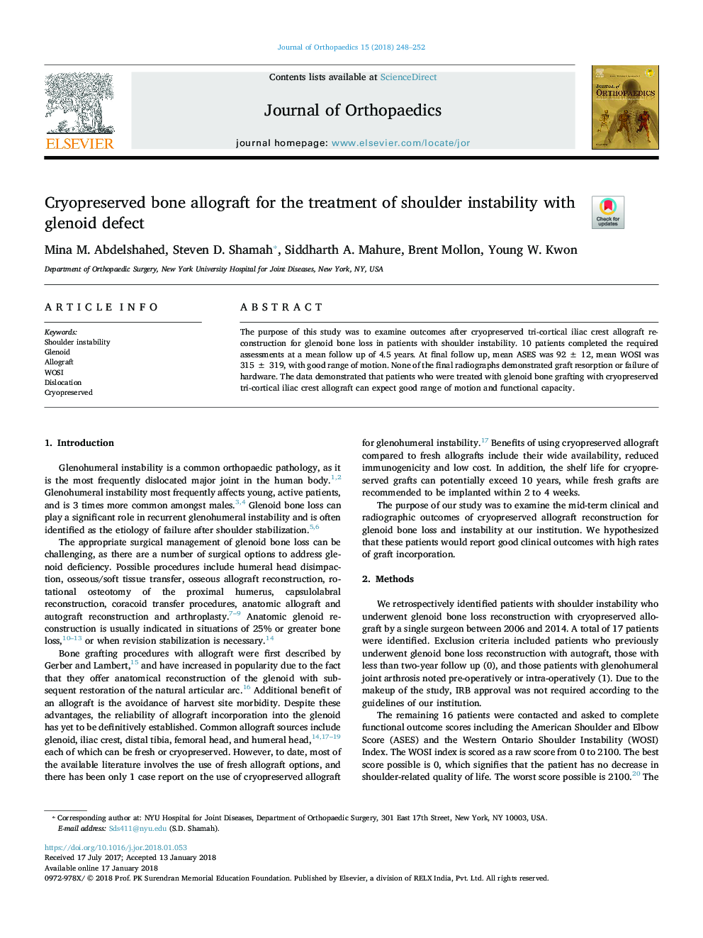 Cryopreserved bone allograft for the treatment of shoulder instability with glenoid defect