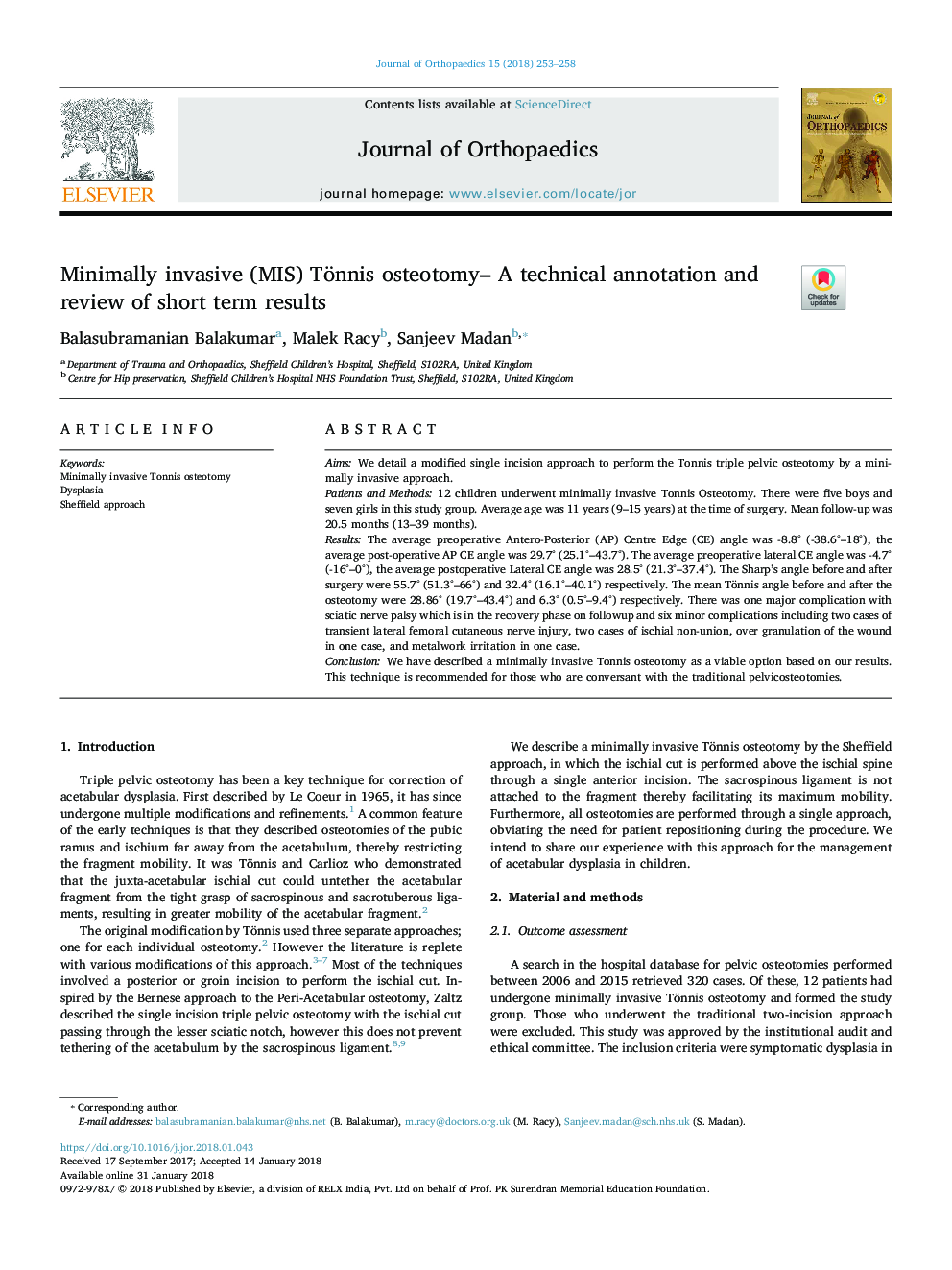 Minimally invasive (MIS) Tönnis osteotomy- A technical annotation and review of short term results