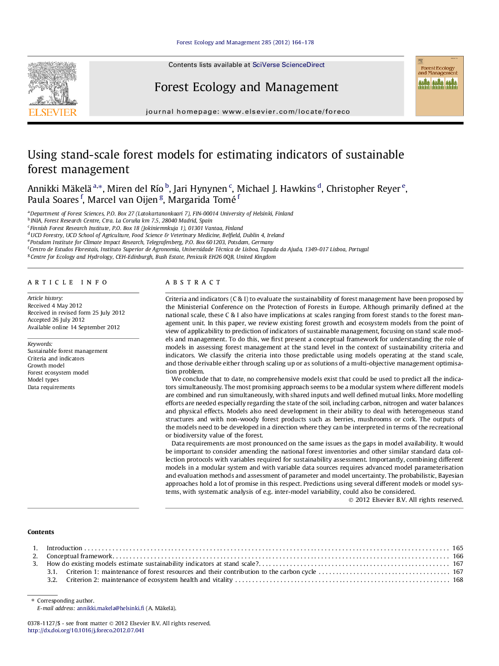 Using stand-scale forest models for estimating indicators of sustainable forest management