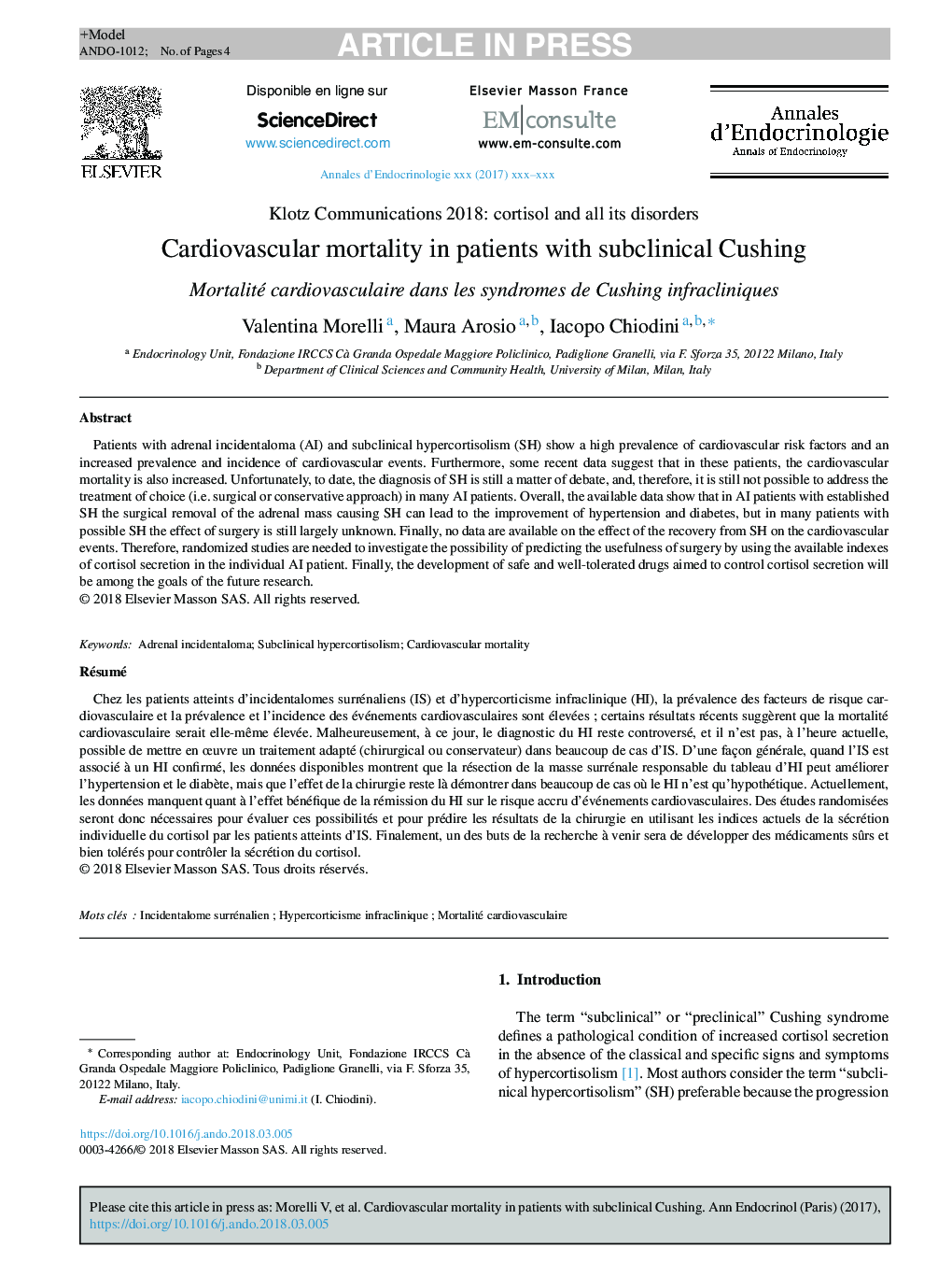 Cardiovascular mortality in patients with subclinical Cushing