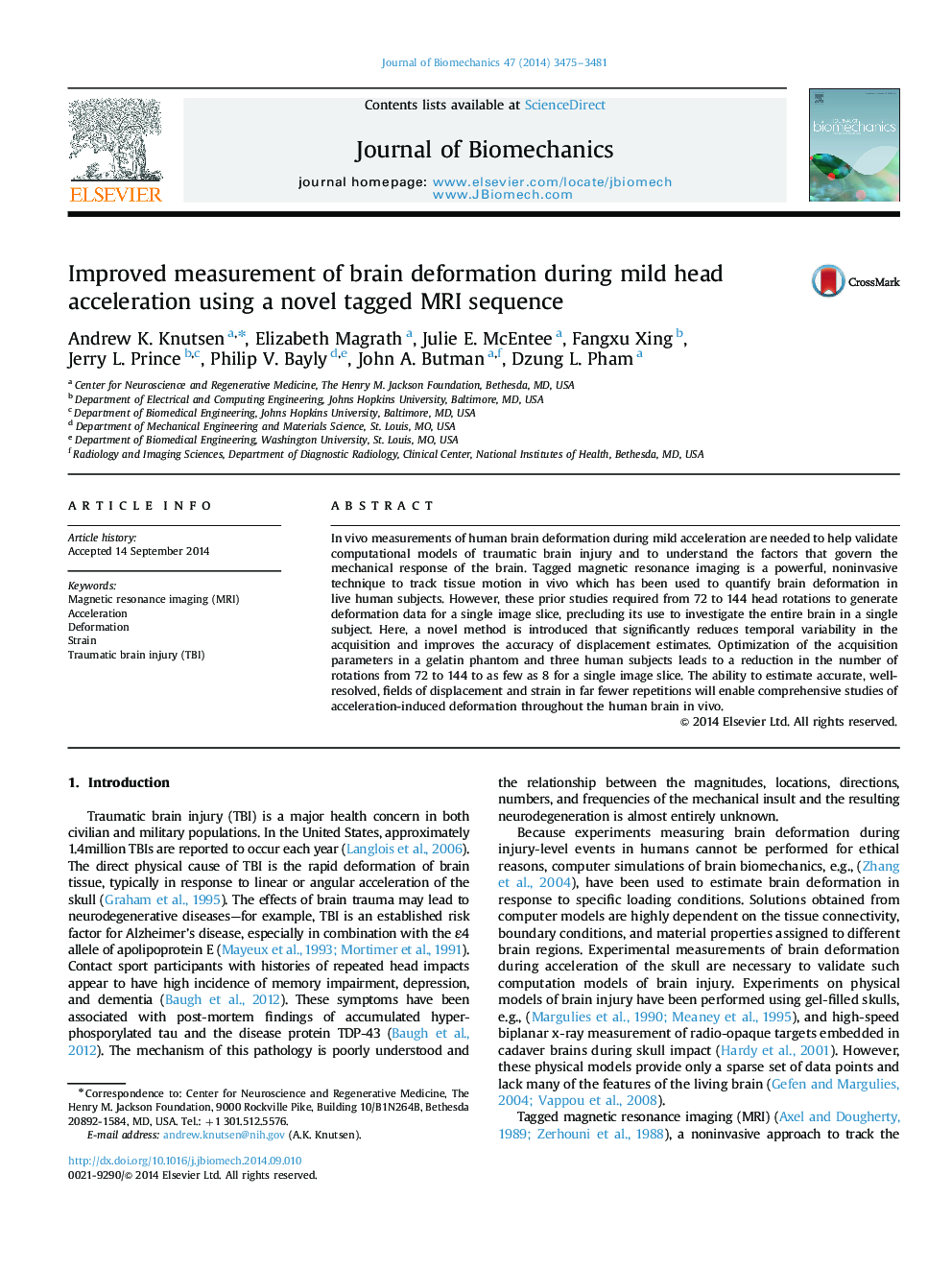 Improved measurement of brain deformation during mild head acceleration using a novel tagged MRI sequence