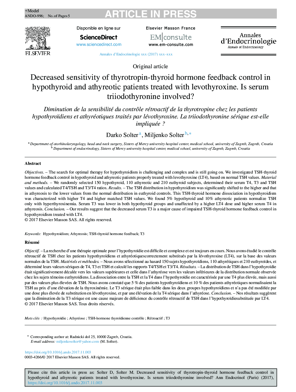 Decreased sensitivity of thyrotropin-thyroid hormone feedback control in hypothyroid and athyreotic patients treated with levothyroxine. Is serum triiodothyronine involved?