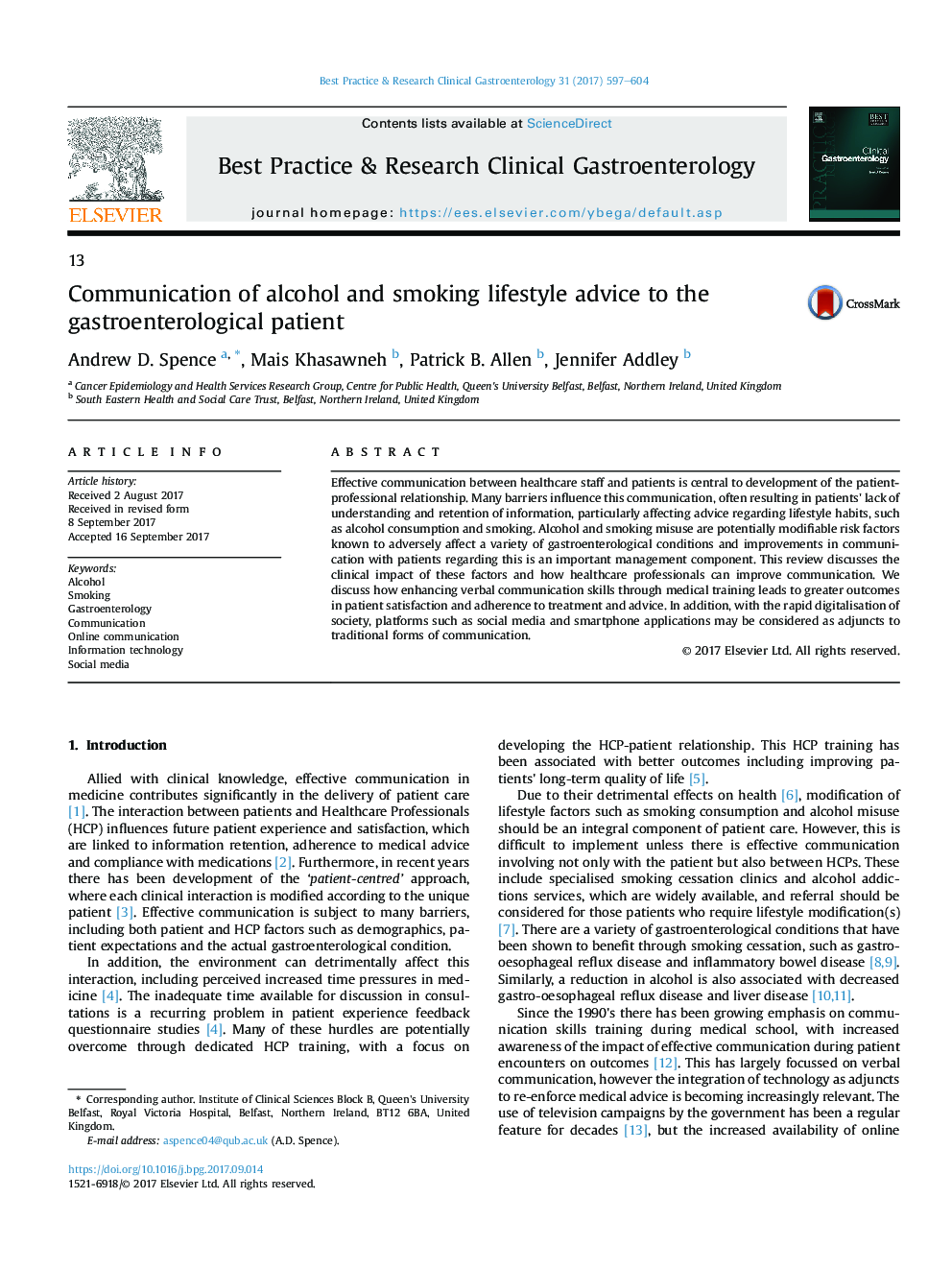 Communication of alcohol and smoking lifestyle advice to the gastroenterological patient