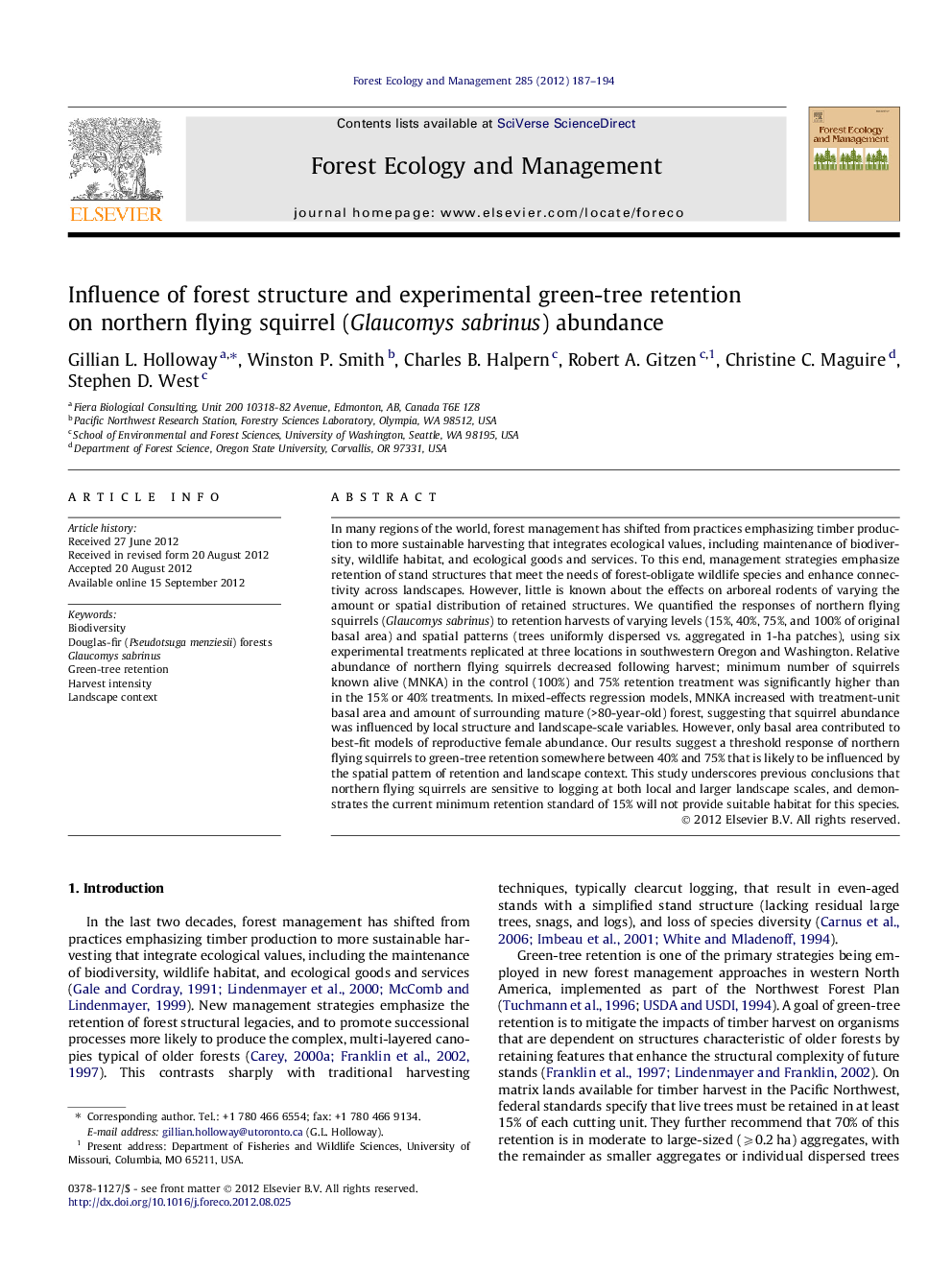 Influence of forest structure and experimental green-tree retention on northern flying squirrel (Glaucomys sabrinus) abundance