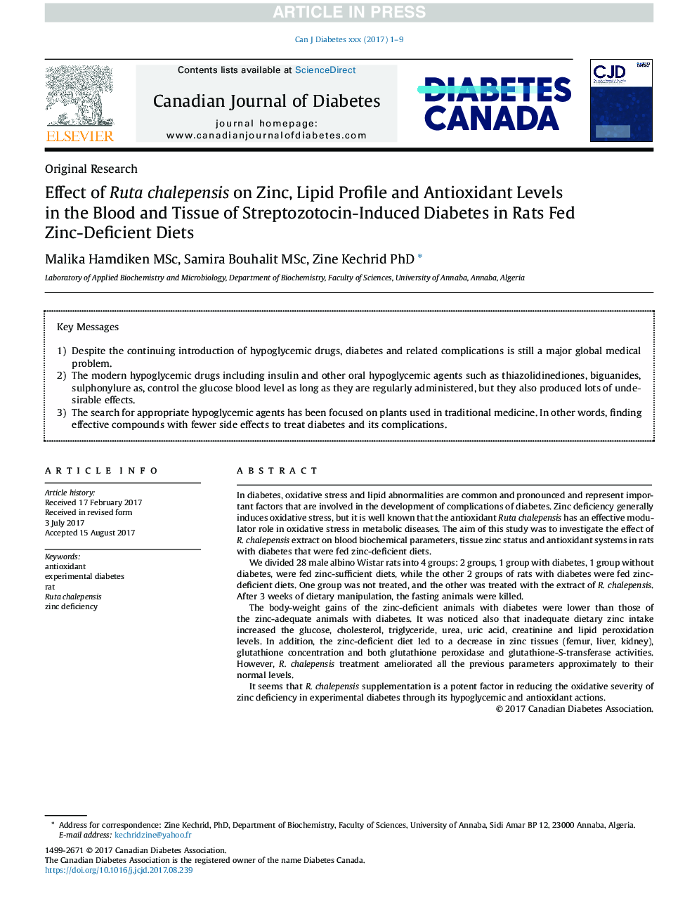 Effect of Ruta chalepensis on Zinc, Lipid Profile and Antioxidant Levels in the Blood and Tissue of Streptozotocin-Induced Diabetes in Rats Fed Zinc-Deficient Diets