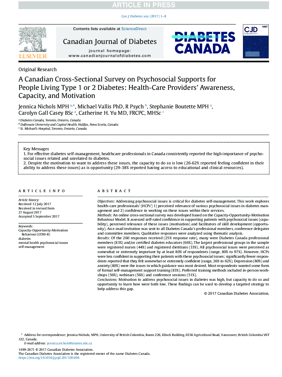 A Canadian Cross-Sectional Survey on Psychosocial Supports for Adults Living With Type 1 or 2 Diabetes: Health-Care Providers' Awareness, Capacity and Motivation
