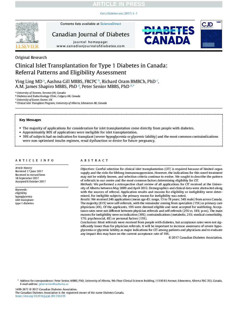 Clinical Islet Transplantation for Adults With Type 1 Diabetes in Canada: Referral Patterns and Eligibility Assessment