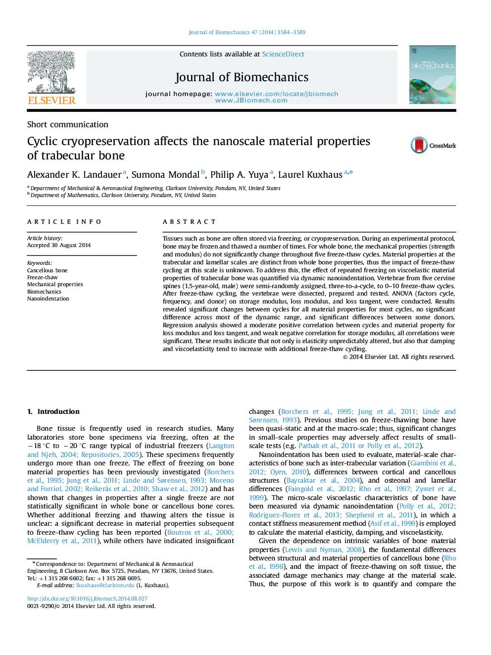 Cyclic cryopreservation affects the nanoscale material properties of trabecular bone