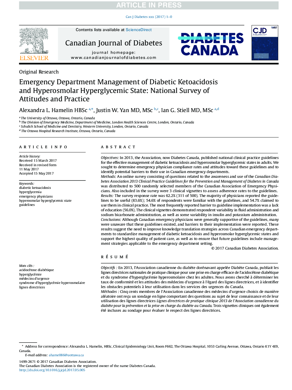 Emergency Department Management of Diabetic Ketoacidosis and Hyperosmolar Hyperglycemic State in Adults: National Survey of Attitudes and Practice