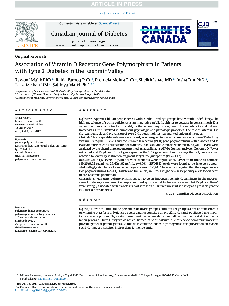 Association of Vitamin D Receptor Gene Polymorphism in Adults With Type 2 Diabetes in the Kashmir Valley