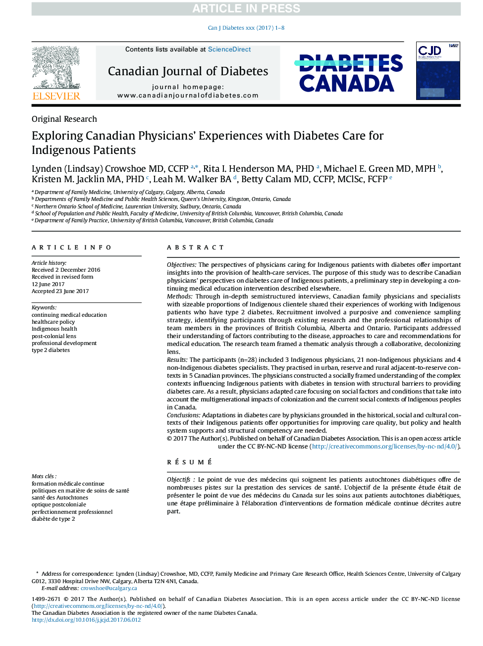 Exploring Canadian Physicians' Experiences With Type 2 Diabetes Care for Adult Indigenous Patients