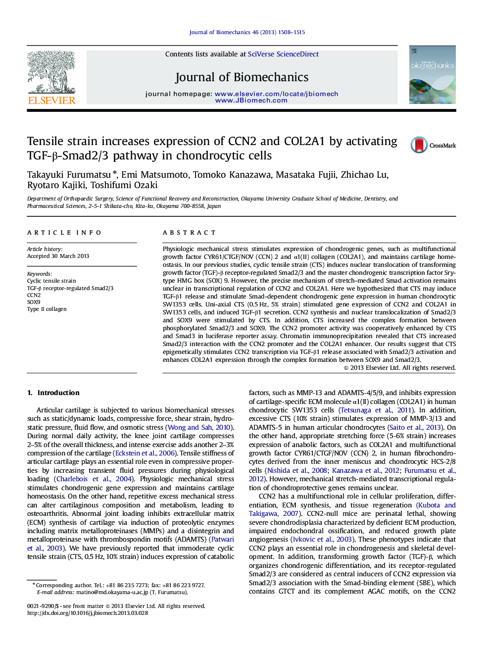 Tensile strain increases expression of CCN2 and COL2A1 by activating TGF-β-Smad2/3 pathway in chondrocytic cells