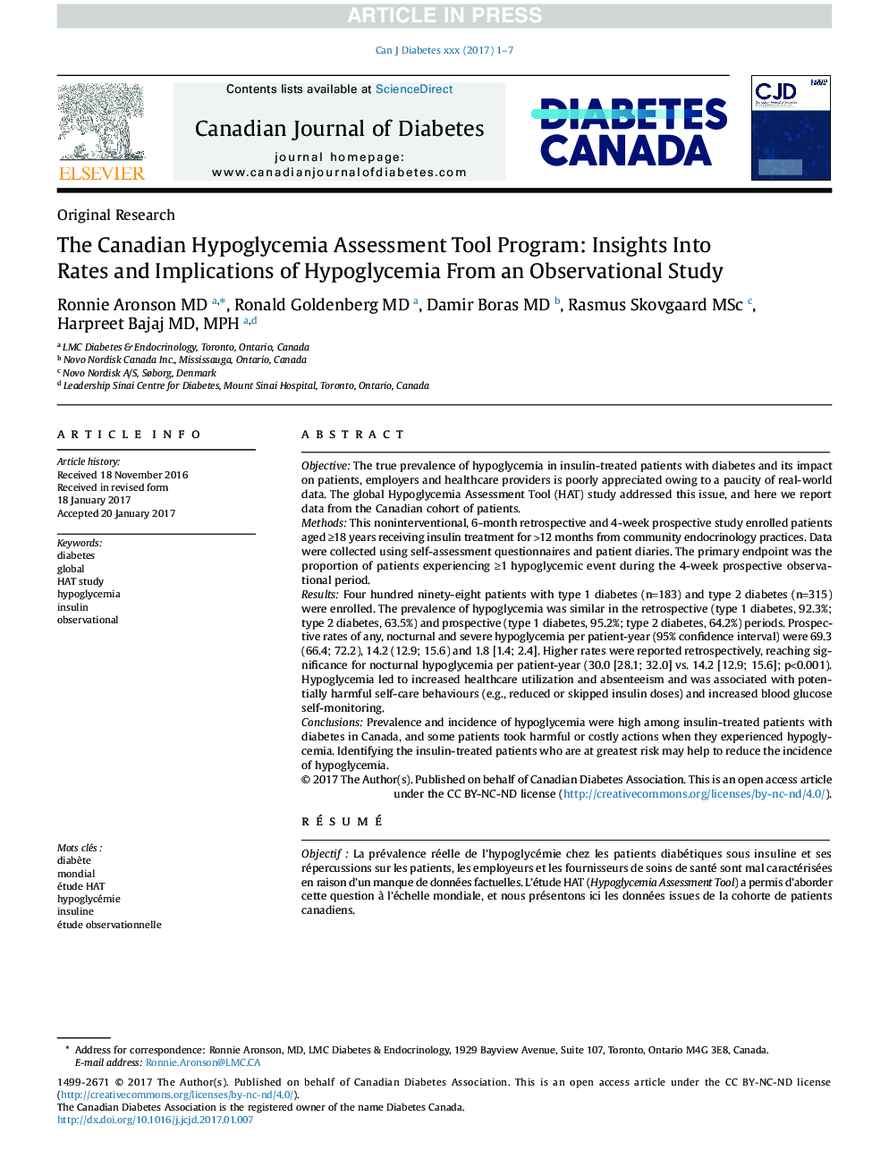برنامه ابزار ارزیابی هیپوگلیسمی کانادا: بینش در مورد میزان و پیامدهای هیپوگلیسمی از یک مطالعه مشاهداتی 