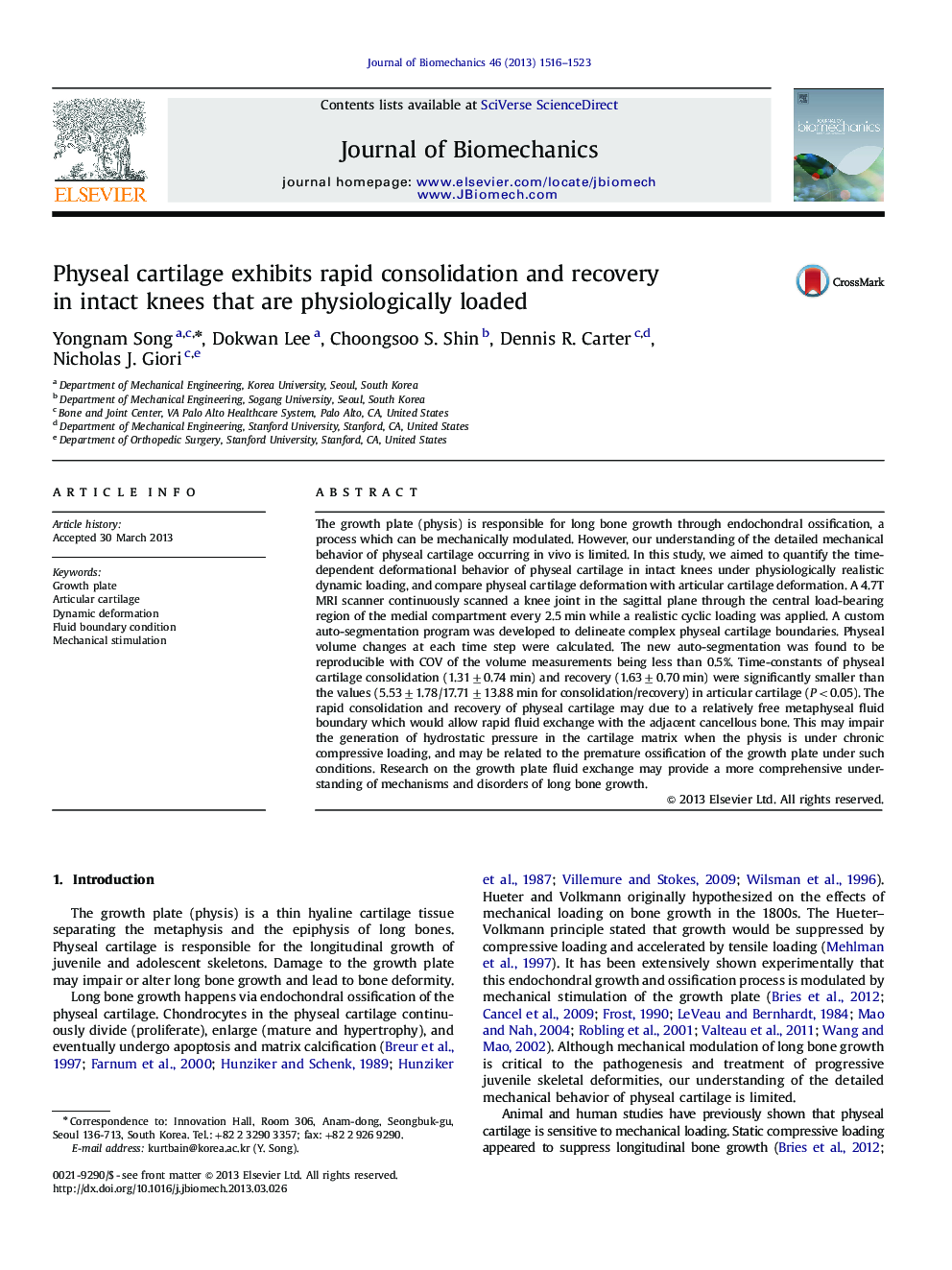 Physeal cartilage exhibits rapid consolidation and recovery in intact knees that are physiologically loaded