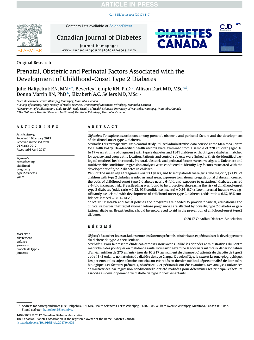 Prenatal, Obstetric and Perinatal Factors Associated With the Development of Childhood-Onset Type 2 Diabetes