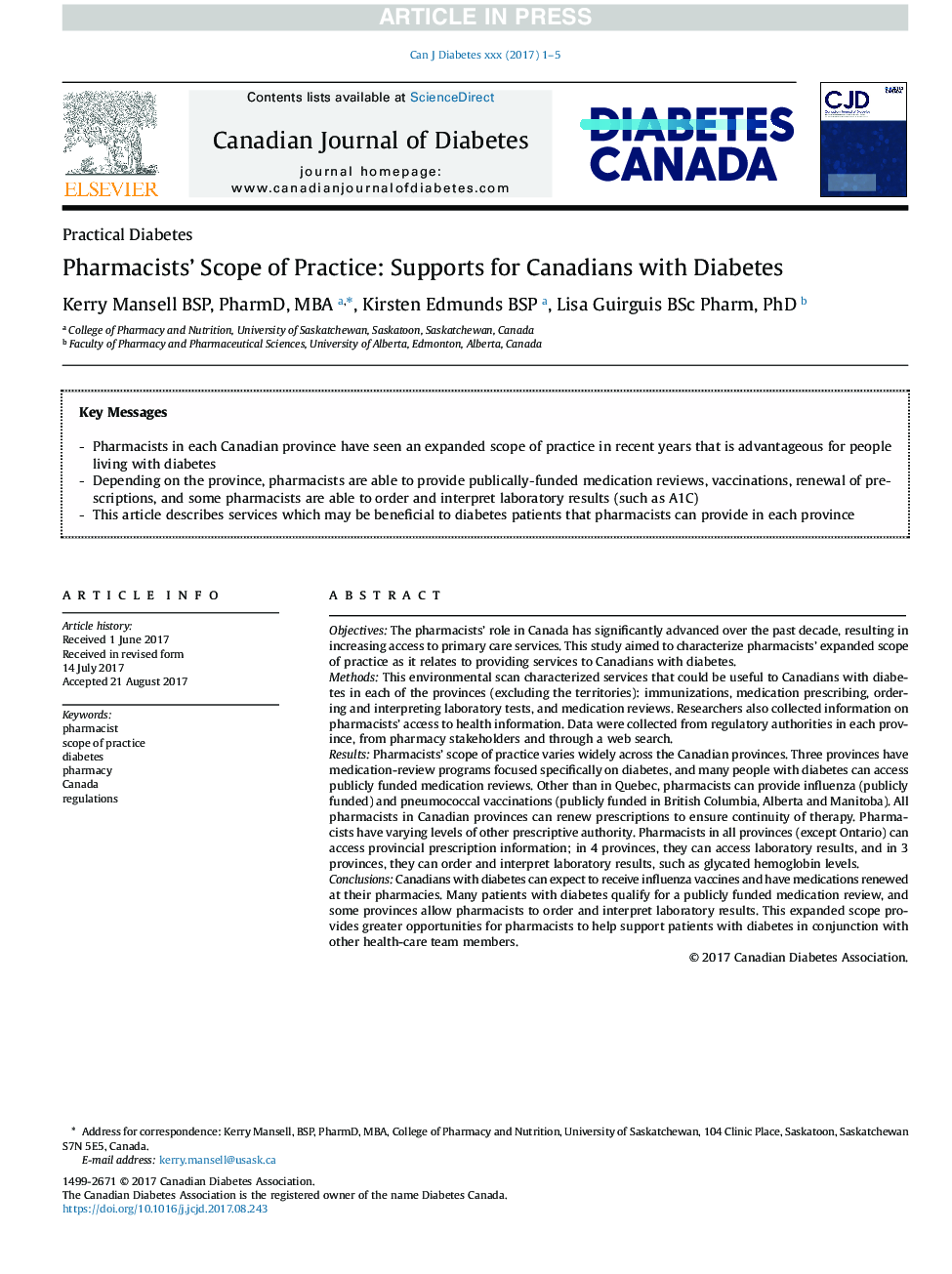 محدوده تمرین داروخانه ها: پشتیبانی از کانادا برای افراد مبتلا به دیابت 