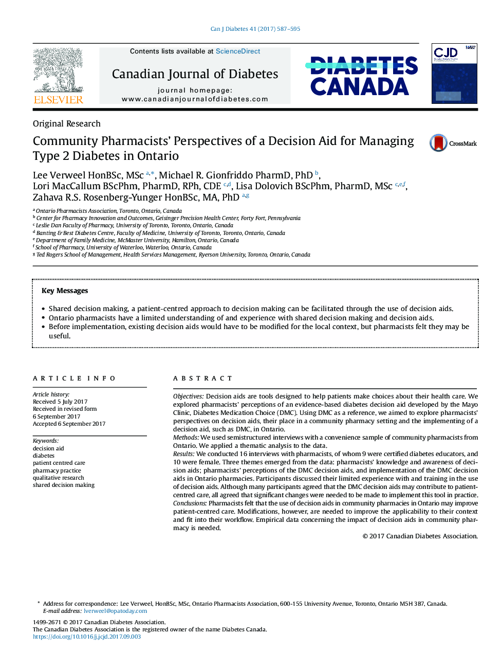 Community Pharmacists' Perspectives of a Decision Aid for Managing Type 2 Diabetes in Ontario