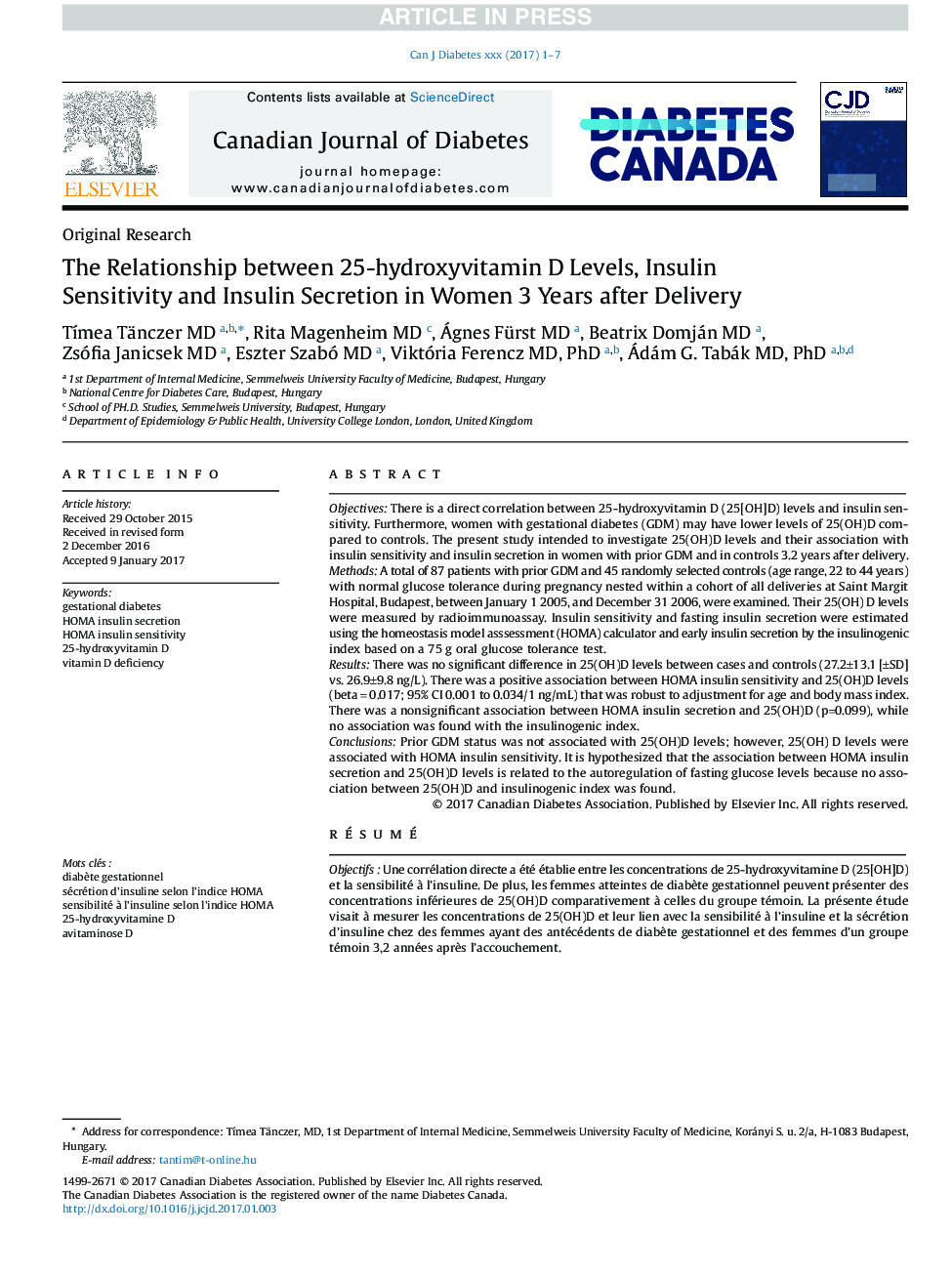 The Relationship between 25-hydroxyvitamin D Levels, Insulin Sensitivity and Insulin Secretion in Women 3 Years after Delivery