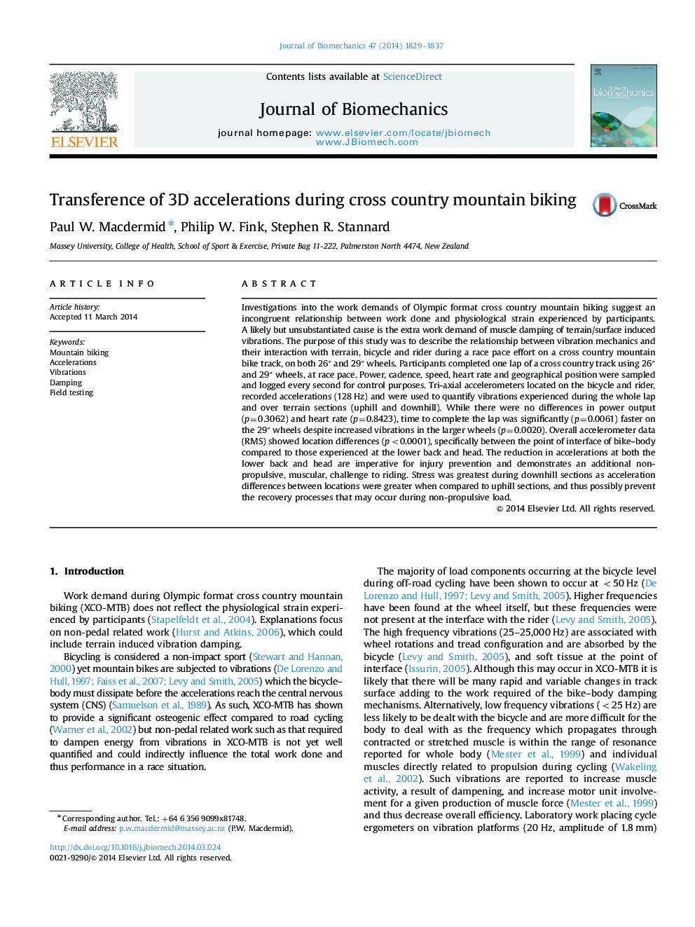 Transference of 3D accelerations during cross country mountain biking