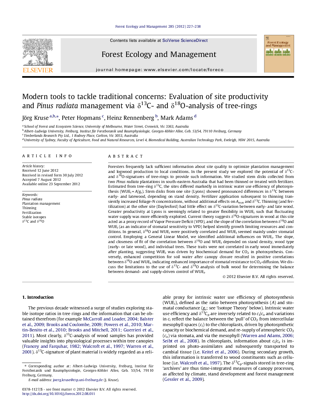 Modern tools to tackle traditional concerns: Evaluation of site productivity and Pinus radiata management via δ13C- and δ18O-analysis of tree-rings