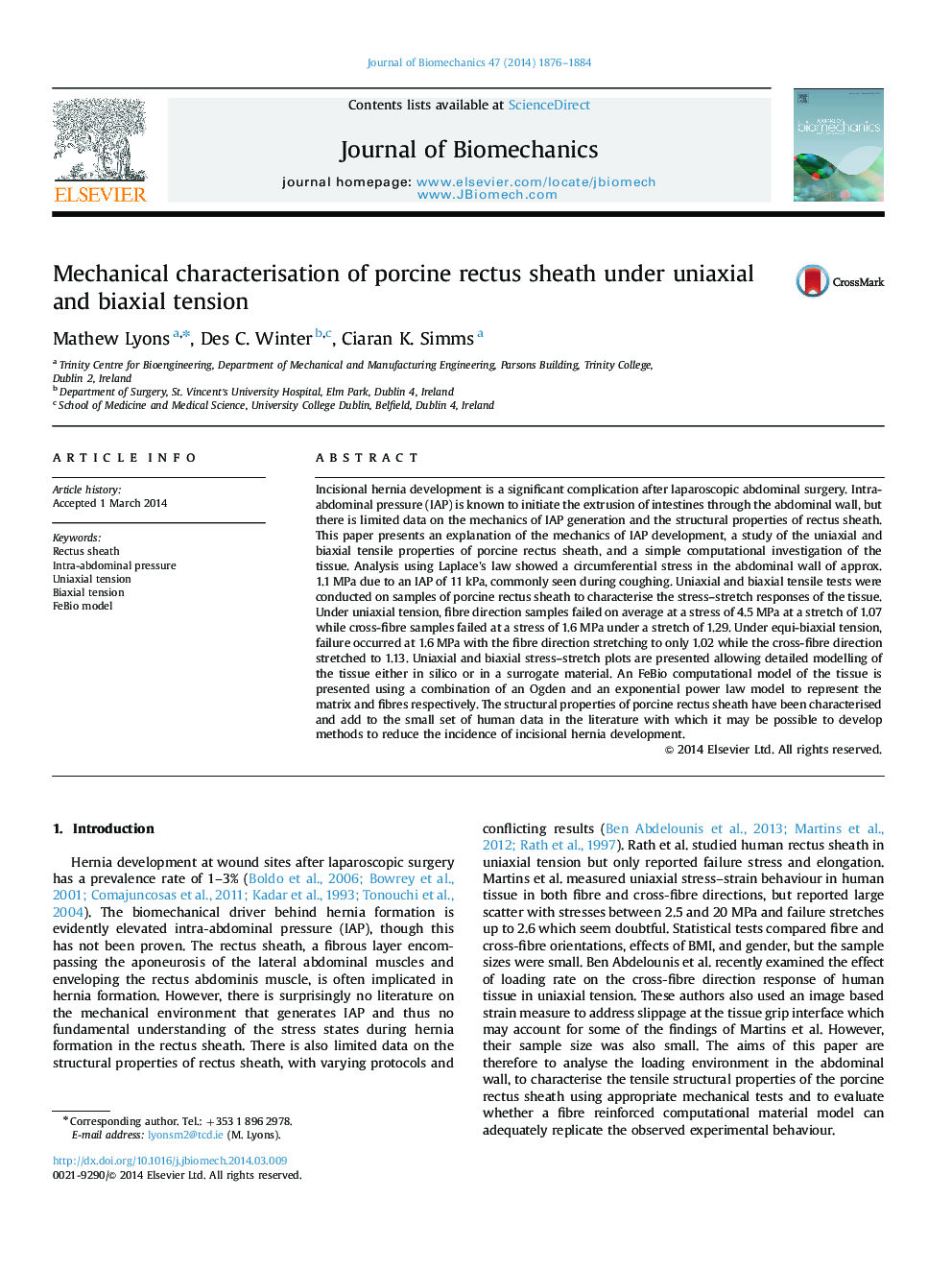 Mechanical characterisation of porcine rectus sheath under uniaxial and biaxial tension