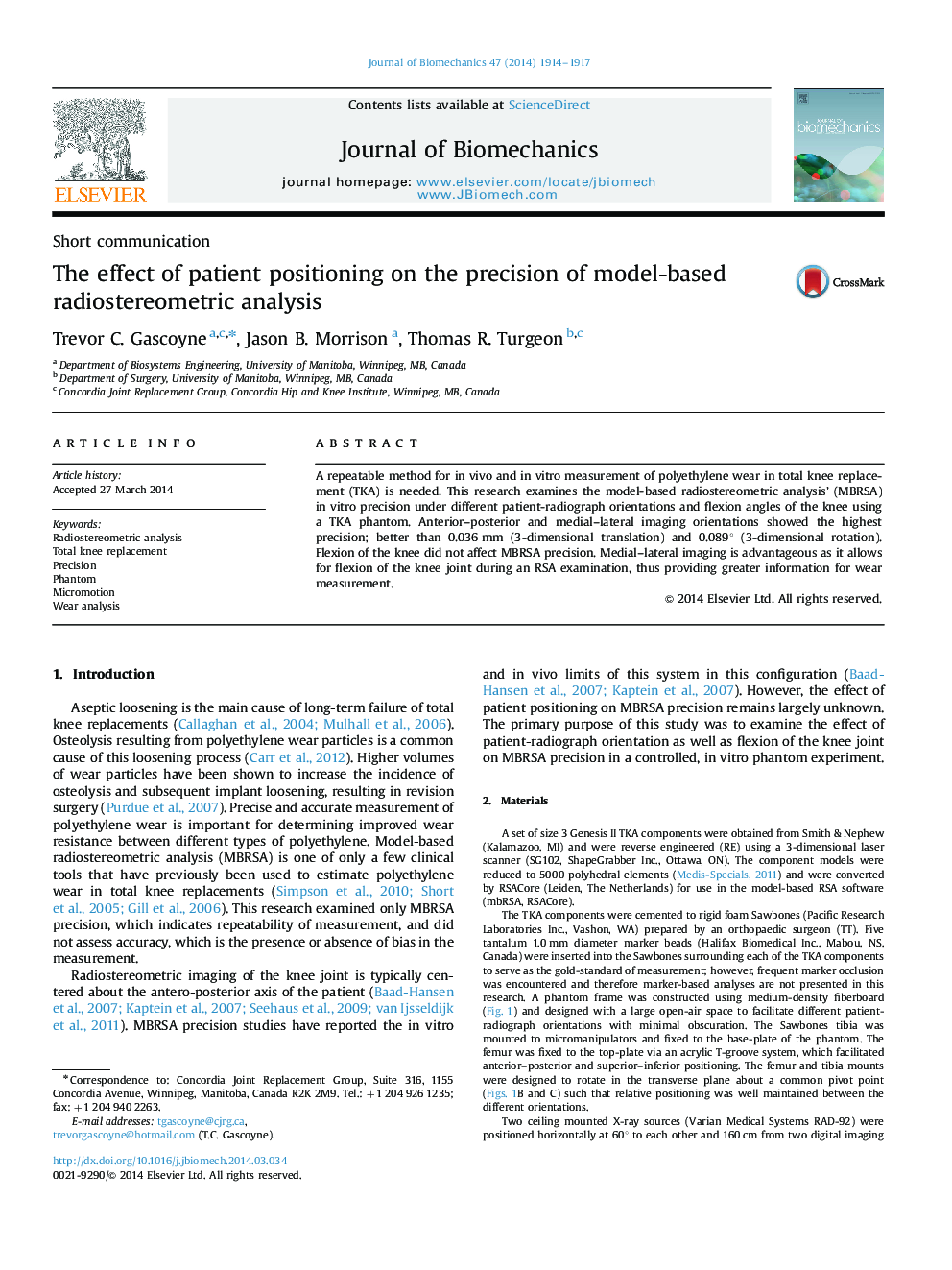 The effect of patient positioning on the precision of model-based radiostereometric analysis