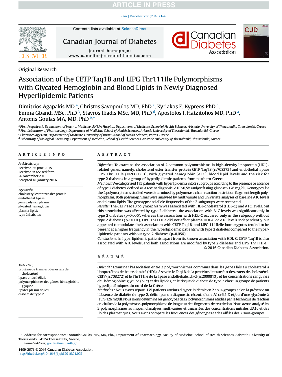 Association of the CETP Taq1B and LIPG Thr111Ile Polymorphisms with Glycated Hemoglobin and Blood Lipids in Newly Diagnosed Hyperlipidemic Patients
