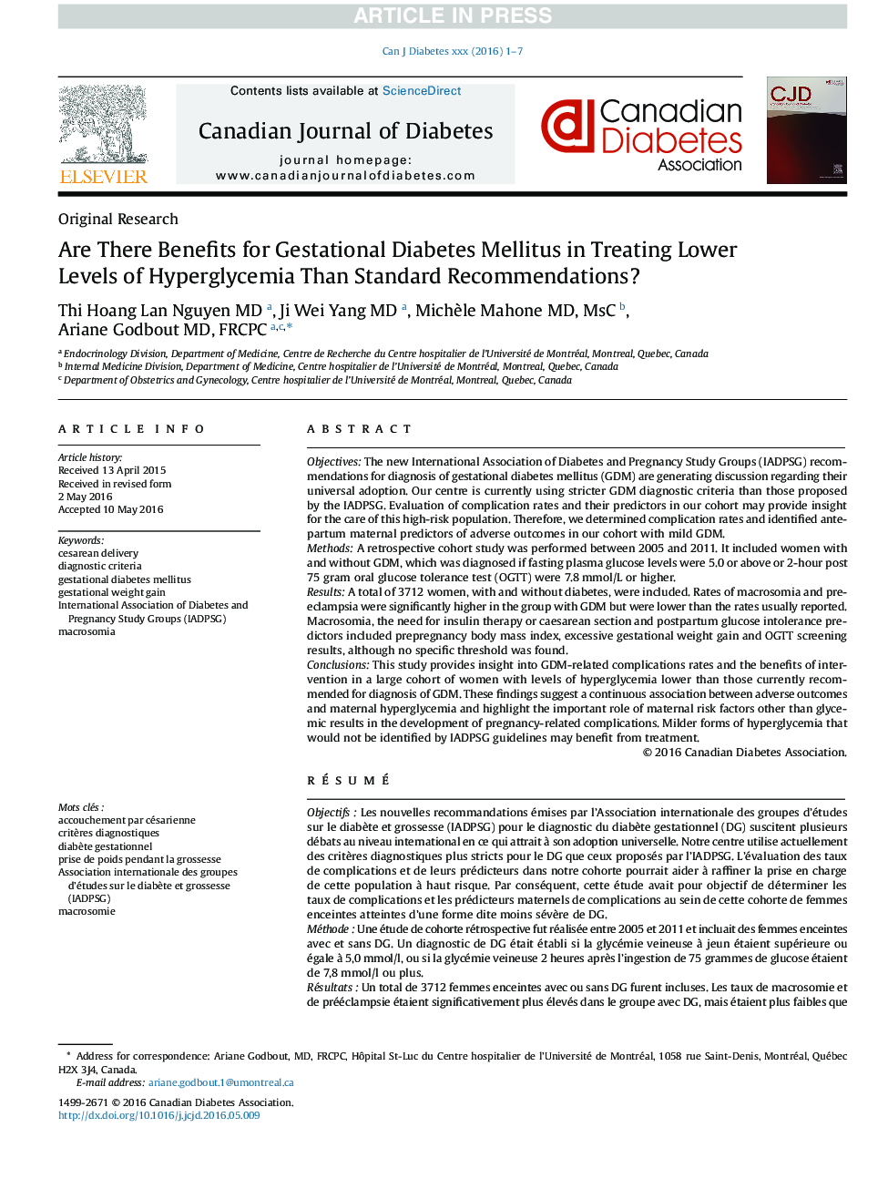 Are There Benefits for Gestational Diabetes Mellitus in Treating Lower Levels of Hyperglycemia Than Standard Recommendations?