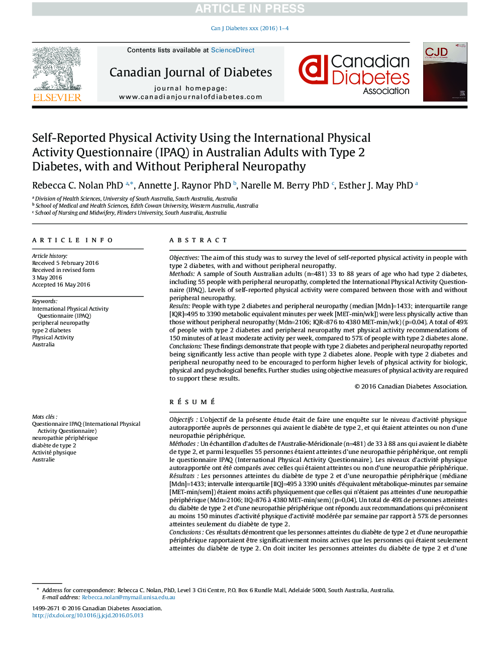 Self-Reported Physical Activity Using the International Physical Activity Questionnaire (IPAQ) in Australian Adults with Type 2 Diabetes, with and Without Peripheral Neuropathy