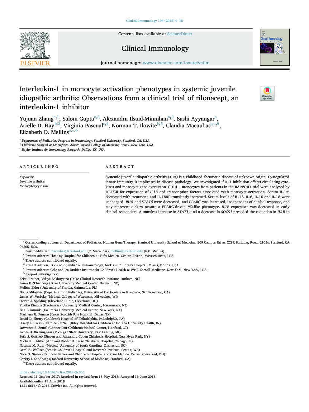 Interleukin-1 in monocyte activation phenotypes in systemic juvenile idiopathic arthritis: Observations from a clinical trial of rilonacept, an interleukin-1 inhibitor