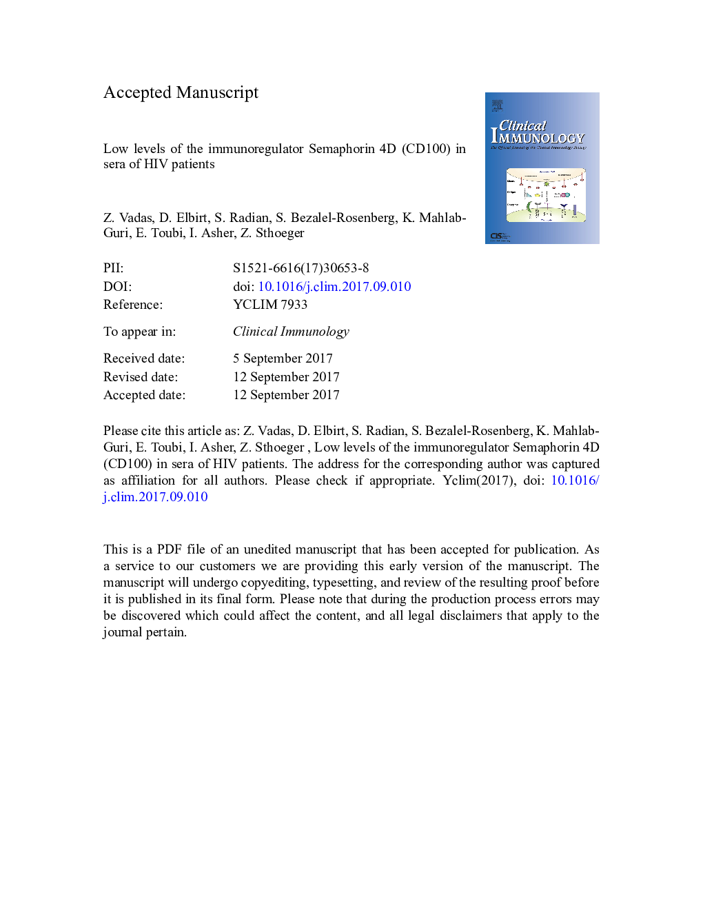 Low levels of the immunoregulator Semaphorin 4D (CD100) in sera of HIV patients