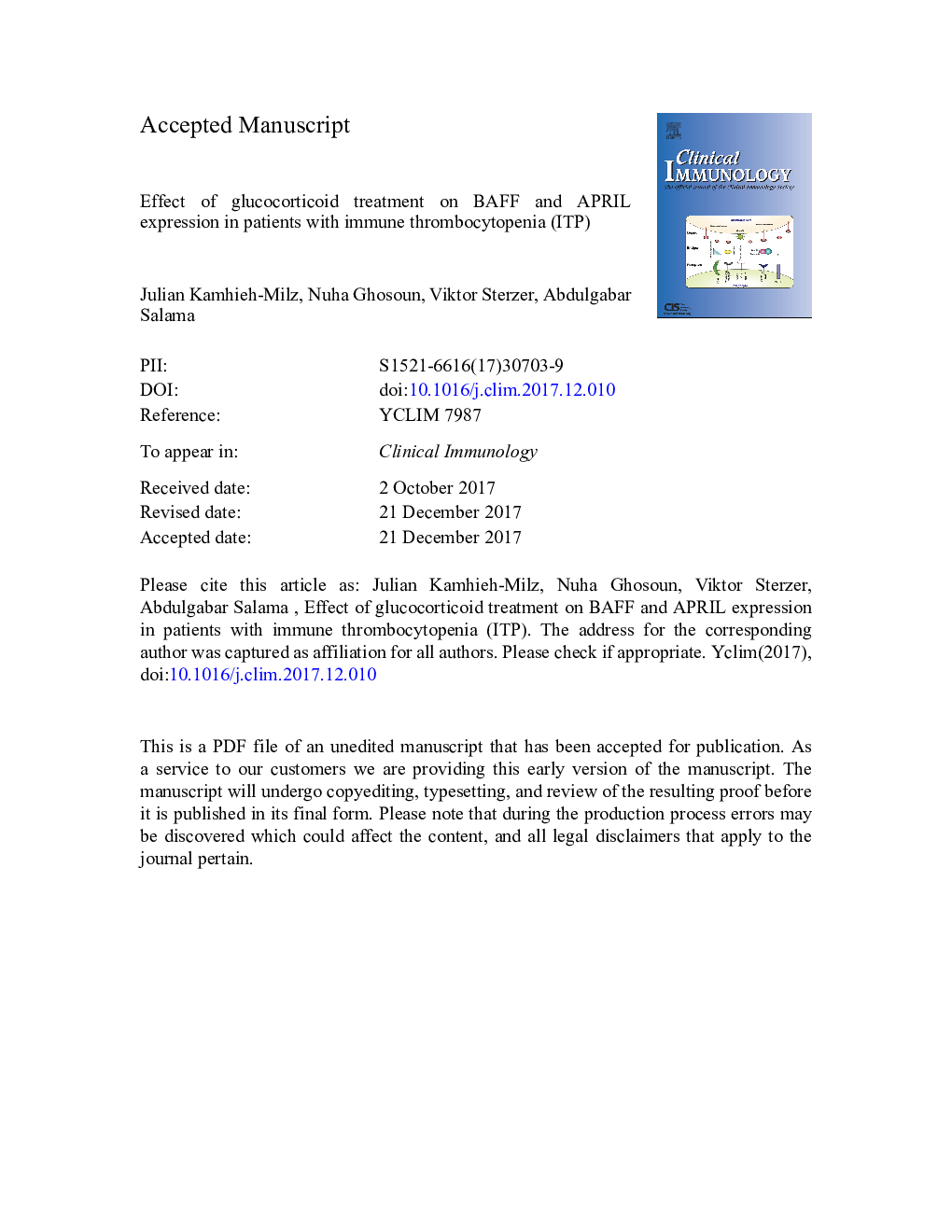 Effect of glucocorticoid treatment on BAFF and APRIL expression in patients with immune thrombocytopenia (ITP)