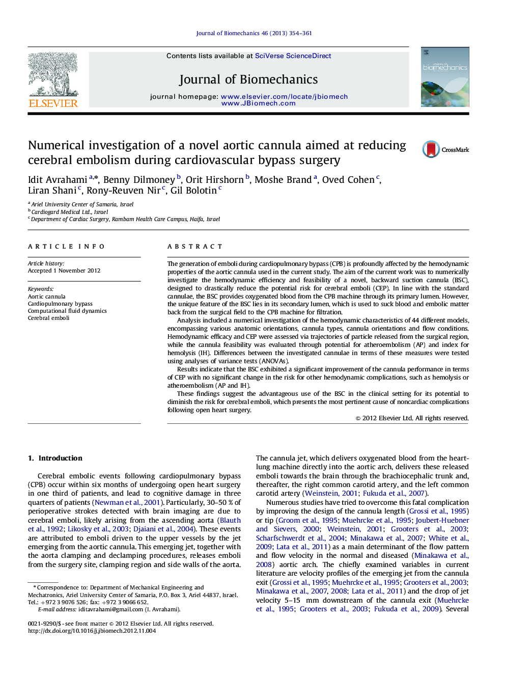 Numerical investigation of a novel aortic cannula aimed at reducing cerebral embolism during cardiovascular bypass surgery