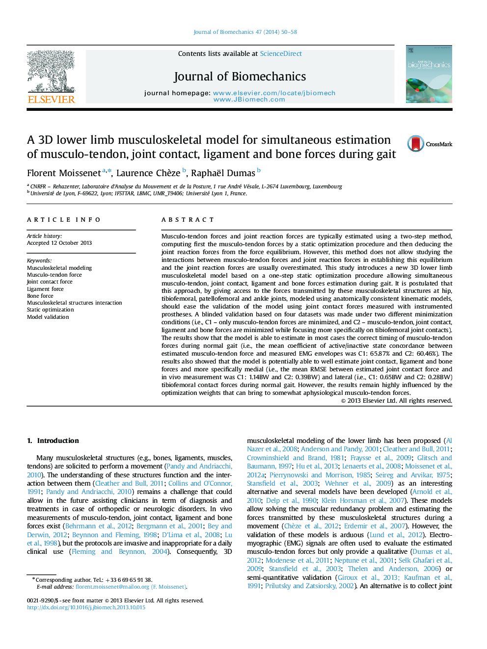 A 3D lower limb musculoskeletal model for simultaneous estimation of musculo-tendon, joint contact, ligament and bone forces during gait