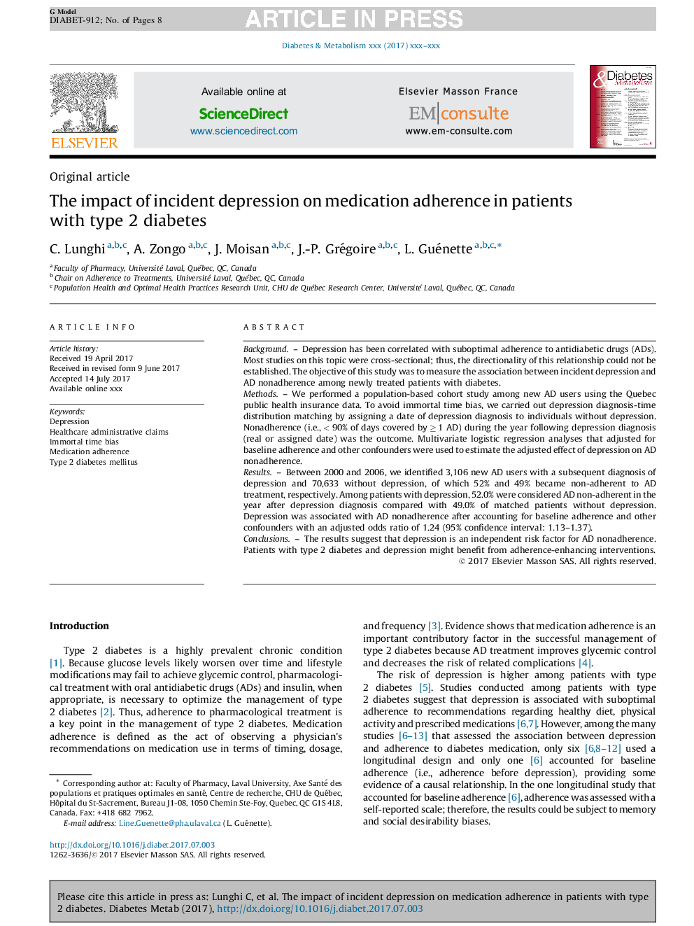 The impact of incident depression on medication adherence in patients with type 2 diabetes